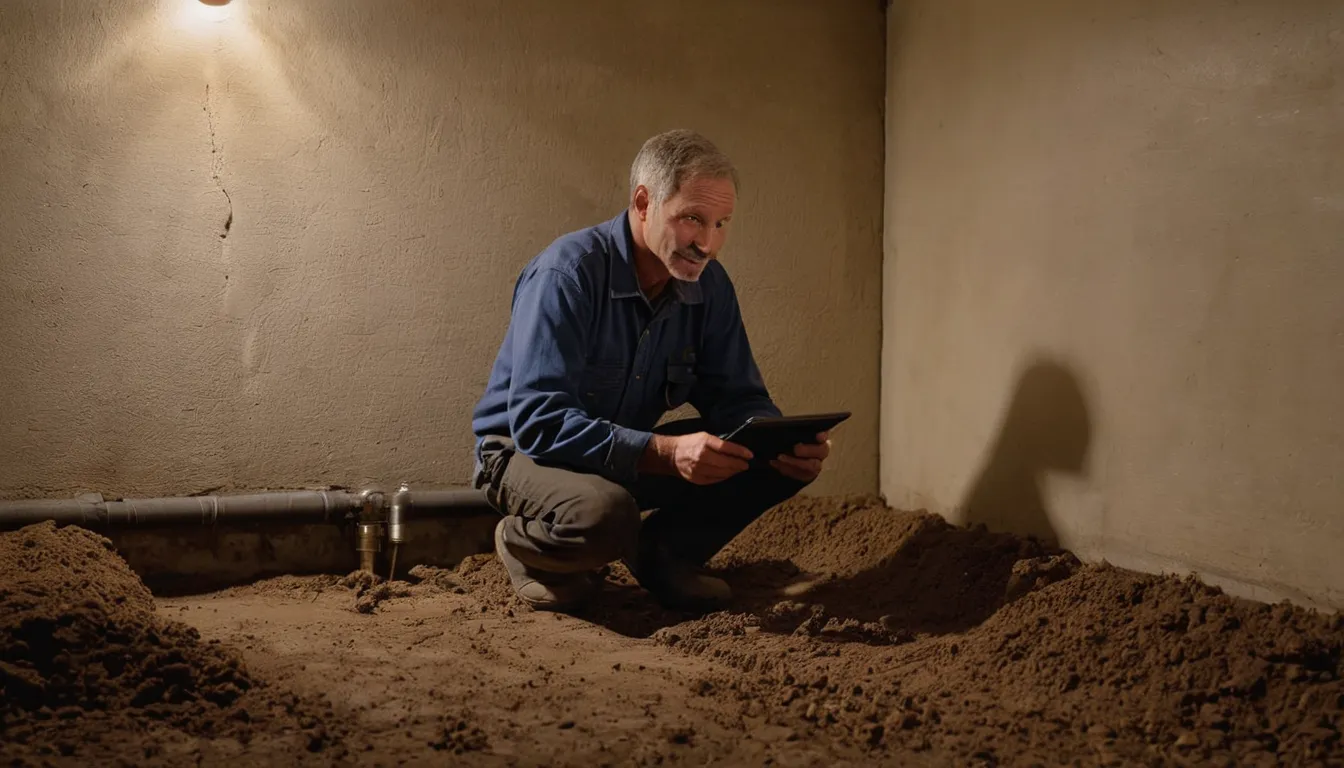 A provider inspecting a basement foundation wall for termite mud tubes in a Hammond home
